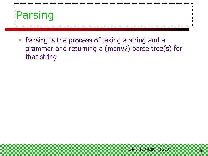 Parsing is the process of taking a string and a grammar and returning a