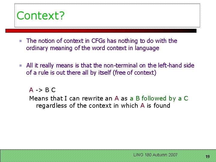 Context? The notion of context in CFGs has nothing to do with the ordinary