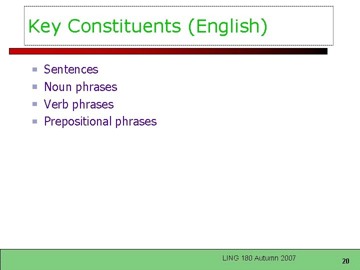 Key Constituents (English) Sentences Noun phrases Verb phrases Prepositional phrases LING 180 Autumn 2007