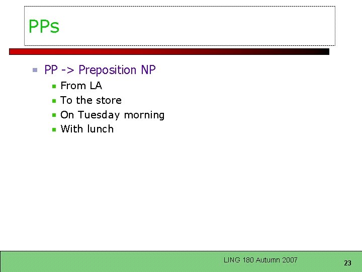 PPs PP -> Preposition NP From LA To the store On Tuesday morning With