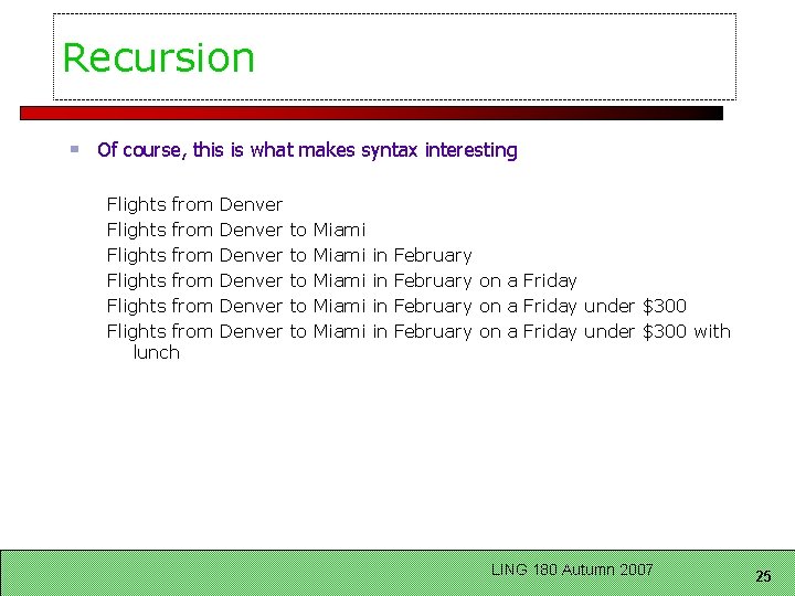 Recursion Of course, this is what makes syntax interesting Flights from Flights from lunch