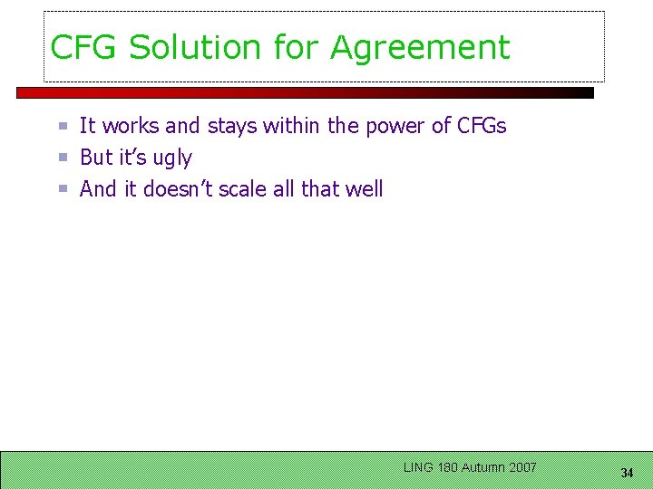 CFG Solution for Agreement It works and stays within the power of CFGs But