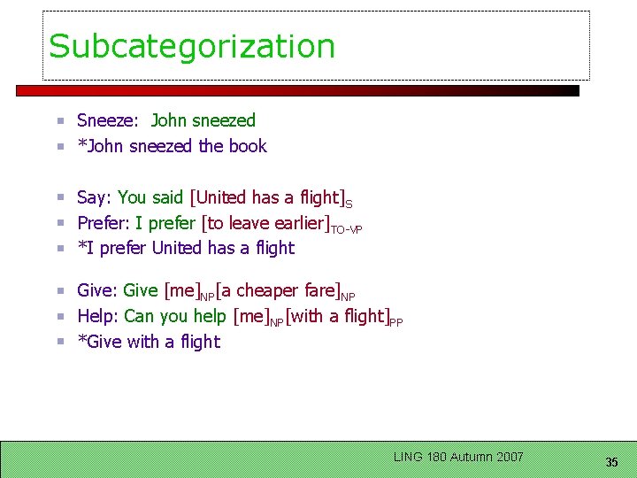 Subcategorization Sneeze: John sneezed *John sneezed the book Say: You said [United has a