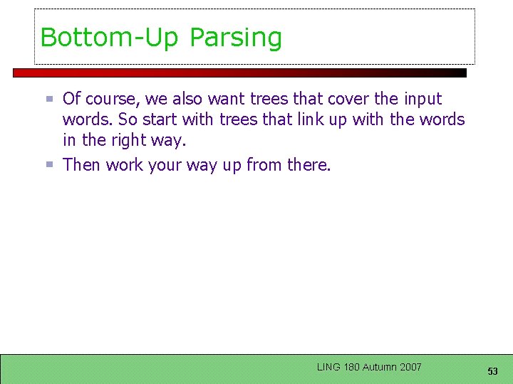 Bottom-Up Parsing Of course, we also want trees that cover the input words. So