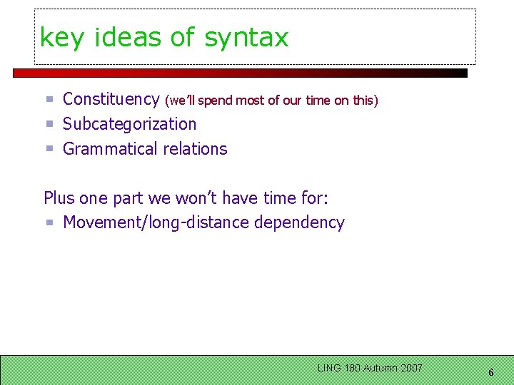 key ideas of syntax Constituency (we’ll spend most of our time on this) Subcategorization