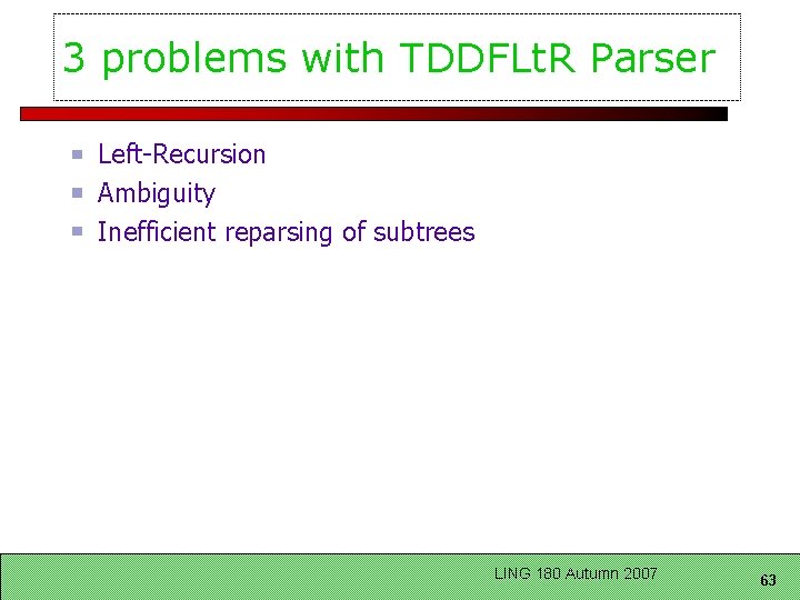 3 problems with TDDFLt. R Parser Left-Recursion Ambiguity Inefficient reparsing of subtrees LING 180