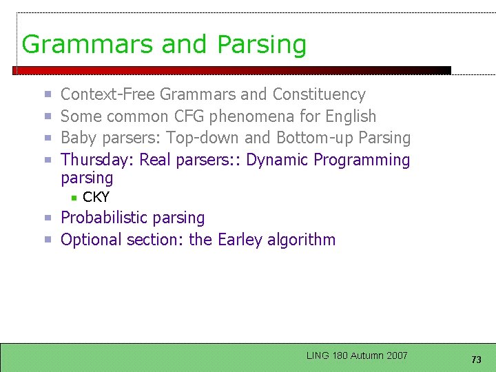 Grammars and Parsing Context-Free Grammars and Constituency Some common CFG phenomena for English Baby