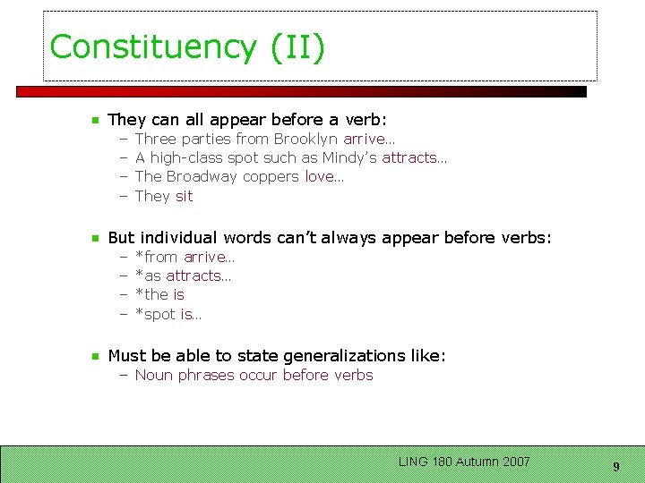 Constituency (II) They can all appear before a verb: – – Three parties from