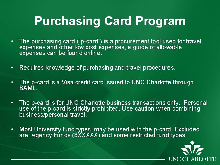 Purchasing Card Program • The purchasing card (“p-card”) is a procurement tool used for Purchasing Card Program • The purchasing card (“p-card”) is a procurement tool used for