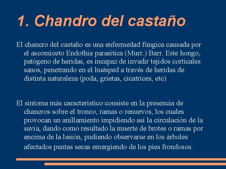 1. Chandro del castaño El chancro del castaño es una enfermedad fúngica causada por