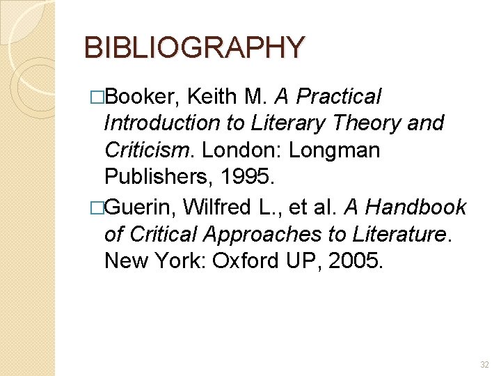 BIBLIOGRAPHY �Booker, Keith M. A Practical Introduction to Literary Theory and Criticism. London: Longman