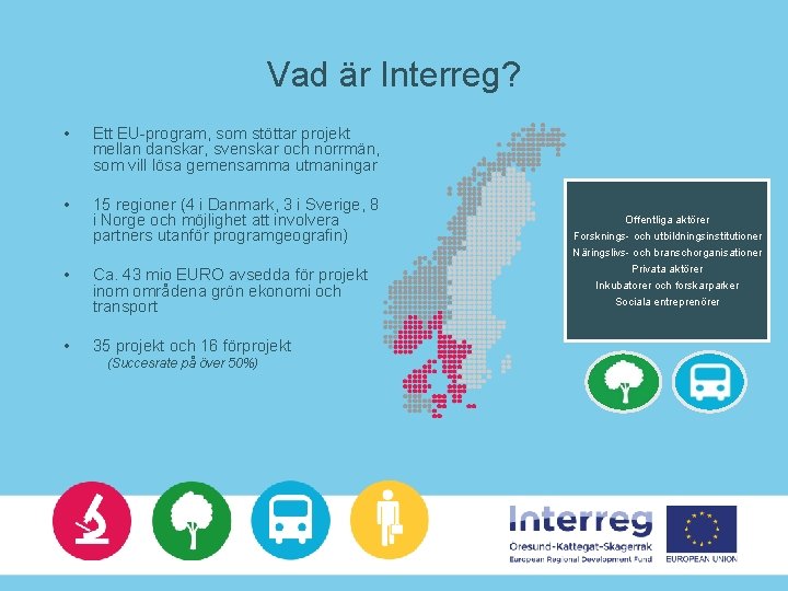 Vad är Interreg? • Ett EU-program, som stöttar projekt mellan danskar, svenskar och norrmän,