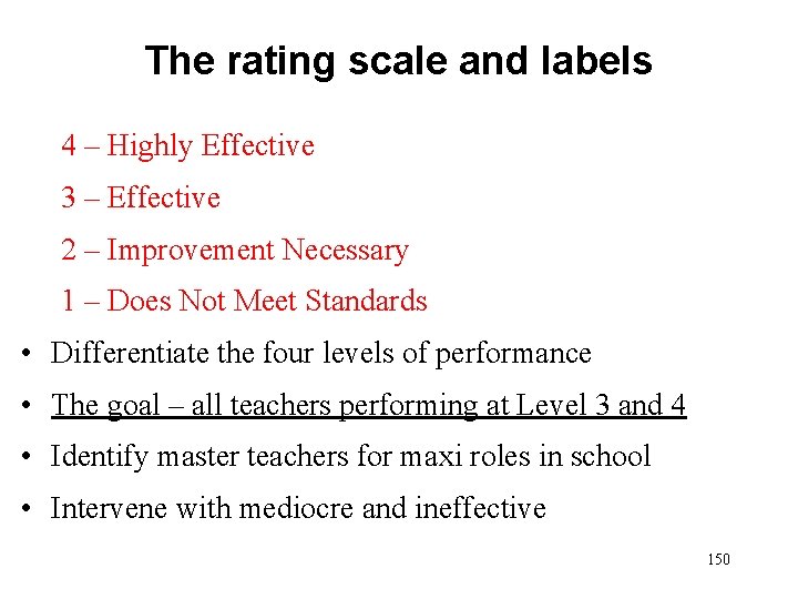 The rating scale and labels 4 – Highly Effective 3 – Effective 2 –