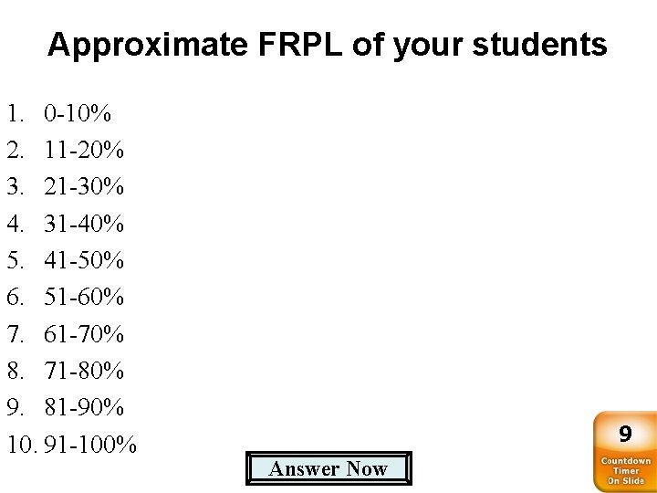 Approximate FRPL of your students 1. 0 -10% 2. 11 -20% 3. 21 -30%