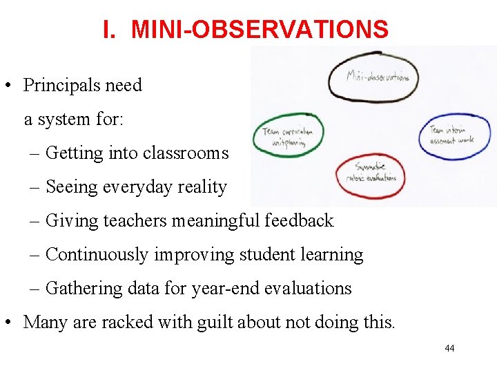 I. MINI-OBSERVATIONS • Principals need a system for: – Getting into classrooms – Seeing