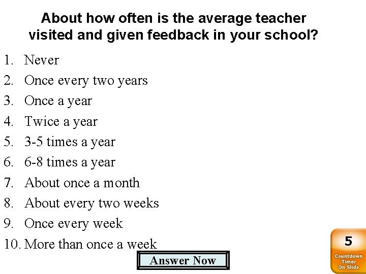 About how often is the average teacher visited and given feedback in your school?