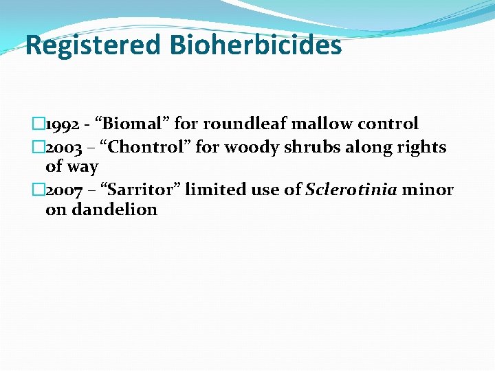 Registered Bioherbicides � 1992 - “Biomal” for roundleaf mallow control � 2003 – “Chontrol”