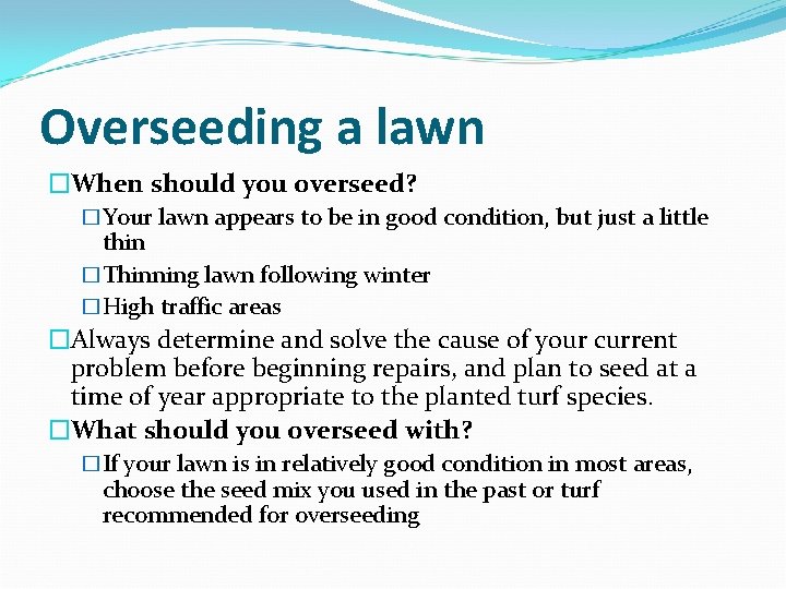 Overseeding a lawn �When should you overseed? �Your lawn appears to be in good
