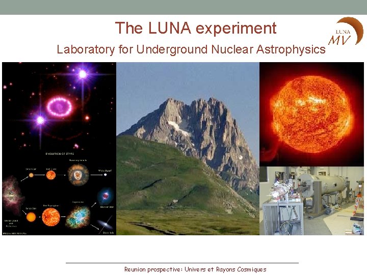 The LUNA experiment Laboratory for Underground Nuclear Astrophysics Reunion prospective: Univers et Rayons Cosmiques