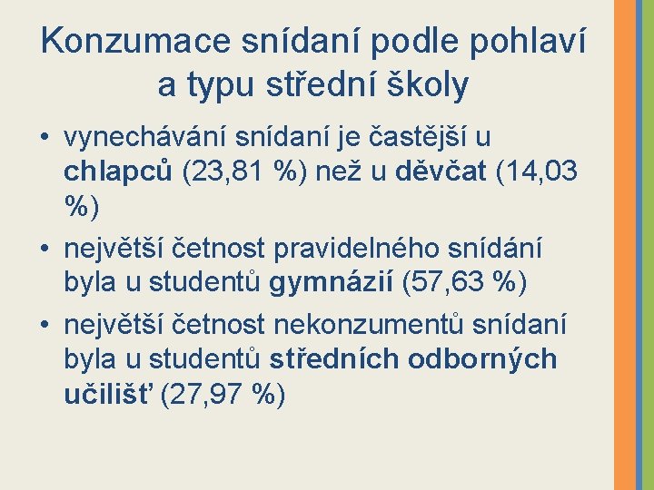 Konzumace snídaní podle pohlaví a typu střední školy • vynechávání snídaní je častější u