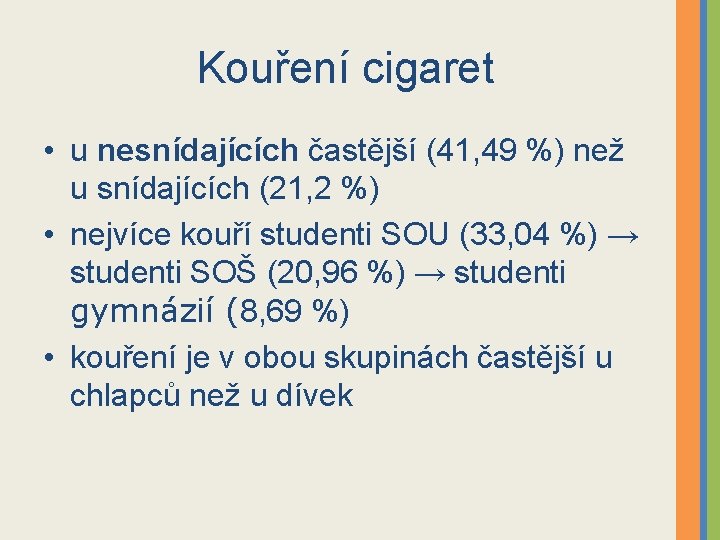 Kouření cigaret • u nesnídajících častější (41, 49 %) než u snídajících (21, 2