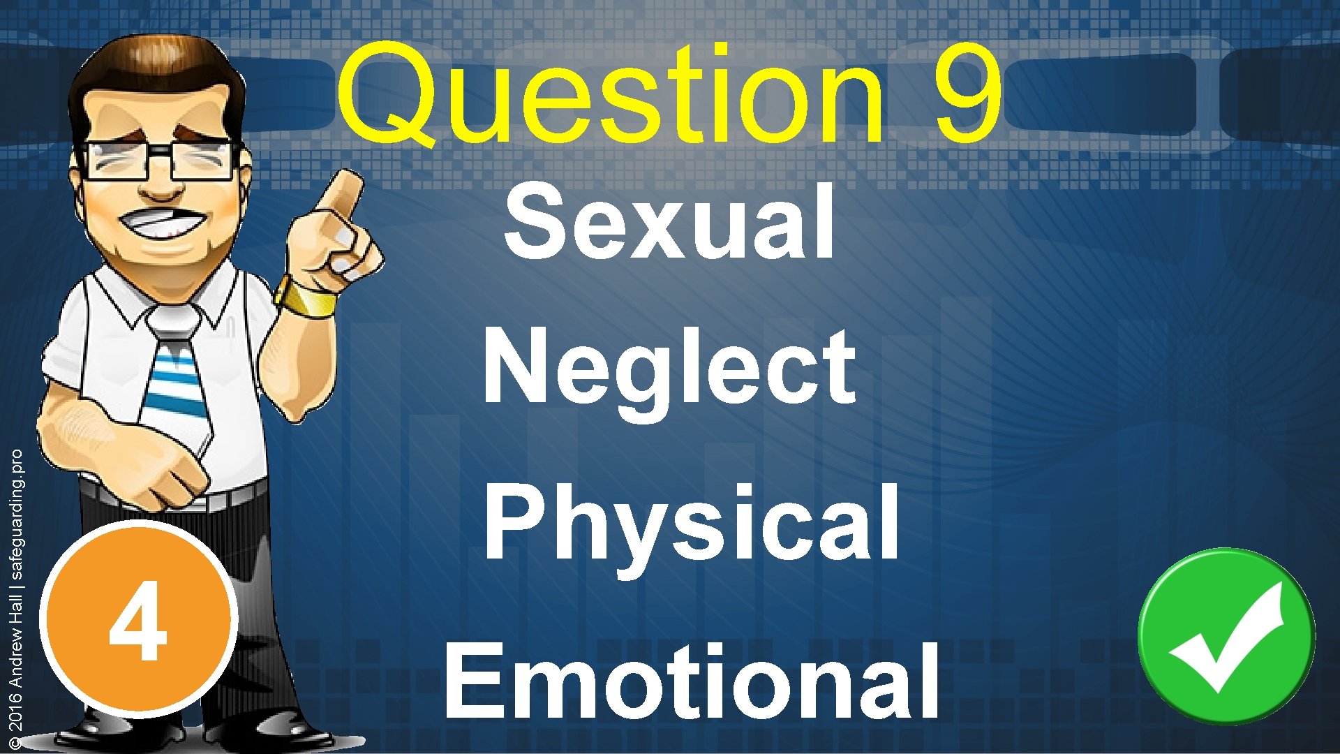 © 2016 Andrew Hall | safeguarding. pro Question 9 4 Sexual Neglect Physical Emotional