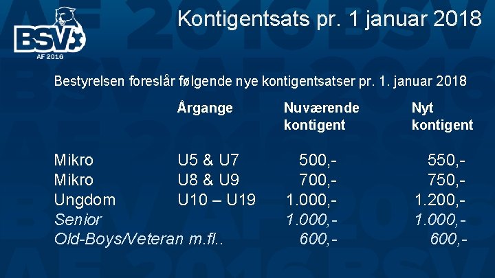 Kontigentsats pr. 1 januar 2018 Bestyrelsen foreslår følgende nye kontigentsatser pr. 1. januar 2018 Kontigentsats pr. 1 januar 2018 Bestyrelsen foreslår følgende nye kontigentsatser pr. 1. januar 2018