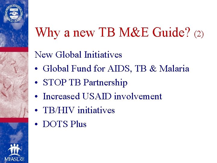 Why a new TB M&E Guide? (2) New Global Initiatives • Global Fund for