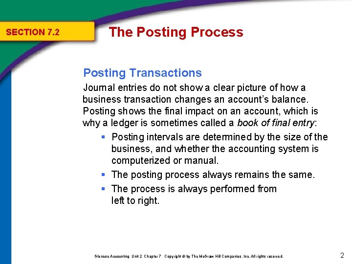 SECTION 7. 2 The Posting Process Posting Transactions Journal entries do not show a