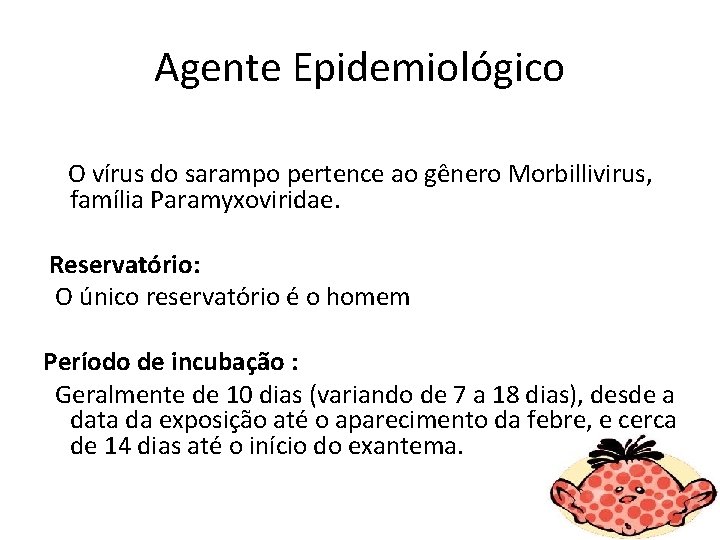 Agente Epidemiológico O vírus do sarampo pertence ao gênero Morbillivirus, família Paramyxoviridae. Reservatório: O