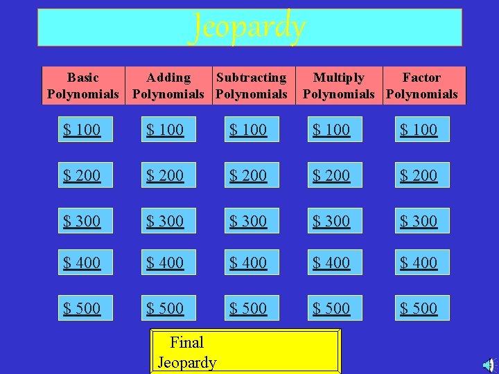 Jeopardy Basic Adding Subtracting Polynomials Multiply Standard Factor Polynomials Form $ 100 $ 100