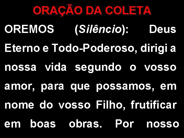 ORAÇÃO DA COLETA OREMOS (Silêncio): Deus Eterno e Todo-Poderoso, dirigi a nossa vida segundo