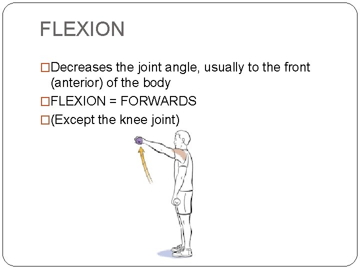 FLEXION �Decreases the joint angle, usually to the front (anterior) of the body �FLEXION FLEXION �Decreases the joint angle, usually to the front (anterior) of the body �FLEXION