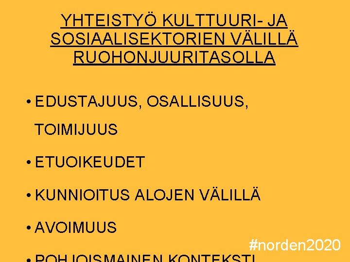 YHTEISTYÖ KULTTUURI- JA SOSIAALISEKTORIEN VÄLILLÄ RUOHONJUURITASOLLA • EDUSTAJUUS, OSALLISUUS, TOIMIJUUS • ETUOIKEUDET • KUNNIOITUS