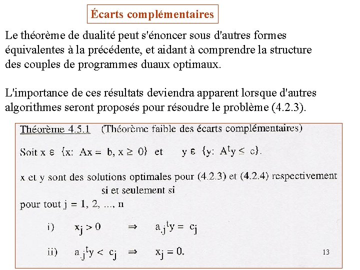 Écarts complémentaires Le théorème de dualité peut s'énoncer sous d'autres formes équivalentes à la