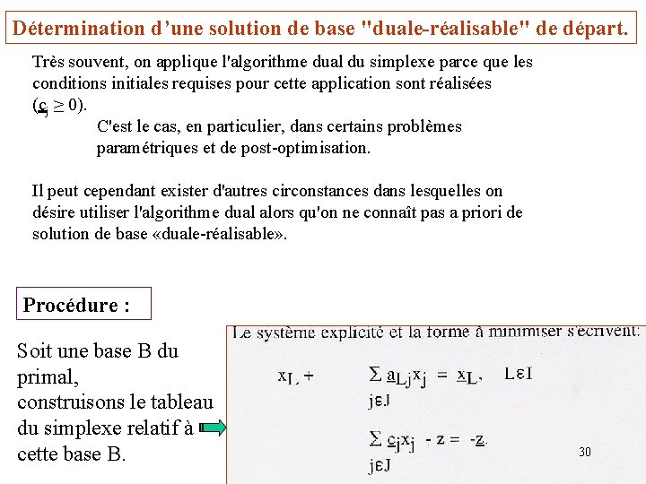 Détermination d’une solution de base "duale-réalisable" de départ. Très souvent, on applique l'algorithme dual