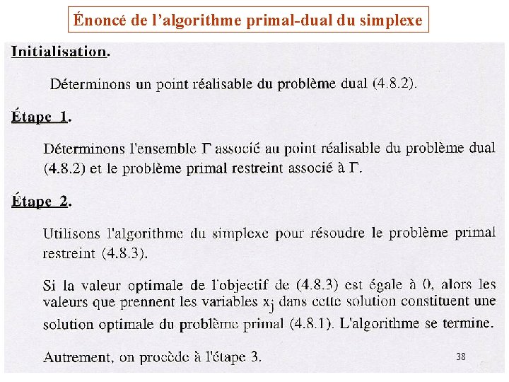 Énoncé de l’algorithme primal-dual du simplexe 38 