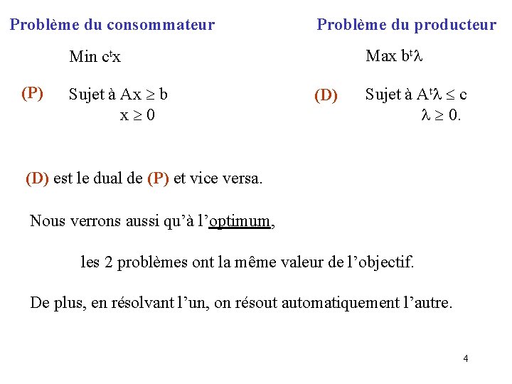 Problème du consommateur Problème du producteur Max bt Min ctx (P) Sujet à Ax