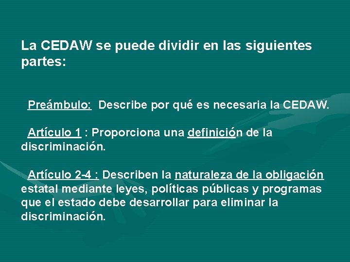 La CEDAW se puede dividir en las siguientes partes: Preámbulo: Describe por qué es