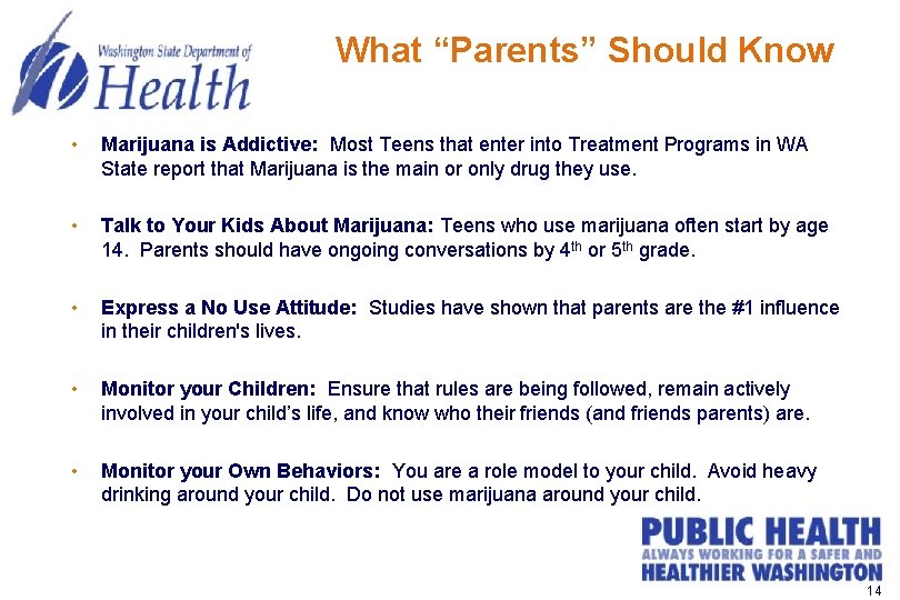 What “Parents” Should Know • Marijuana is Addictive: Most Teens that enter into Treatment