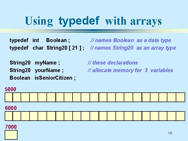 Using typedef with arrays typedef int Boolean ; typedef char String 20 [ 21