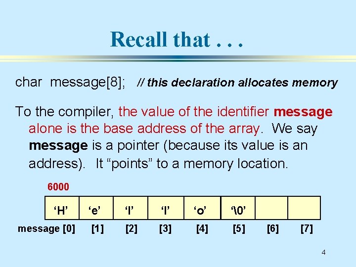 Recall that. . . char message[8]; // this declaration allocates memory To the compiler,