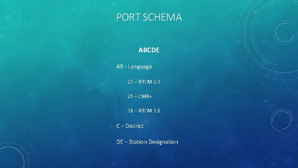 PORT SCHEMA ABCDE AB - Language 23 – RTCM 2. 3 25 – CMR+