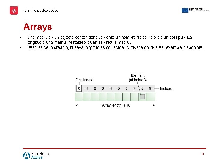 Java: Conceptes bàsics Arrays • • Una matriu és un objecte contenidor que conté