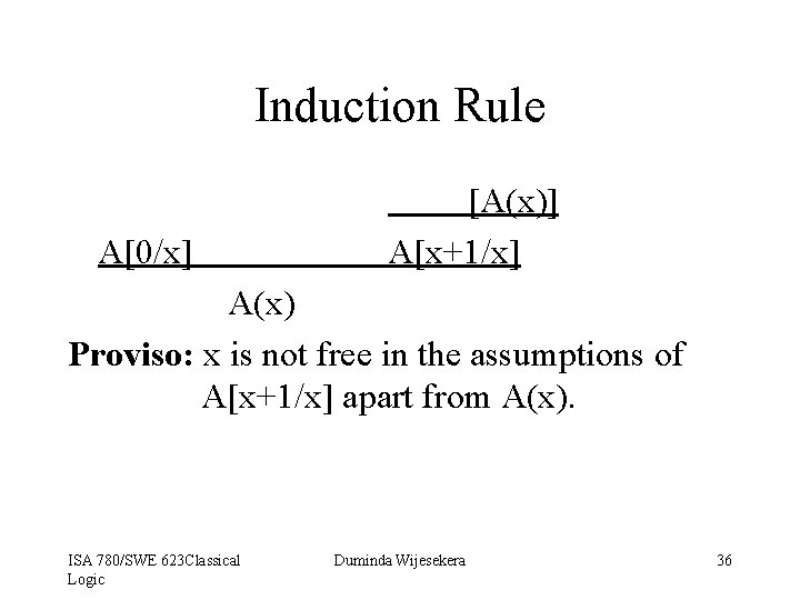 Induction Rule A[0/x] [A(x)] A[x+1/x] A(x) Proviso: x is not free in the assumptions