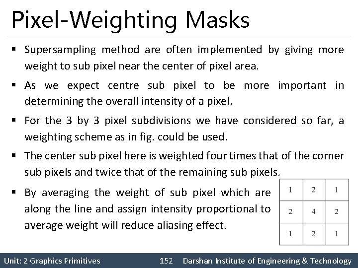 Pixel-Weighting Masks § Supersampling method are often implemented by giving more weight to sub