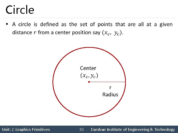 Circle § r Radius Unit: 2 Graphics Primitives 30 Darshan Institute of Engineering &