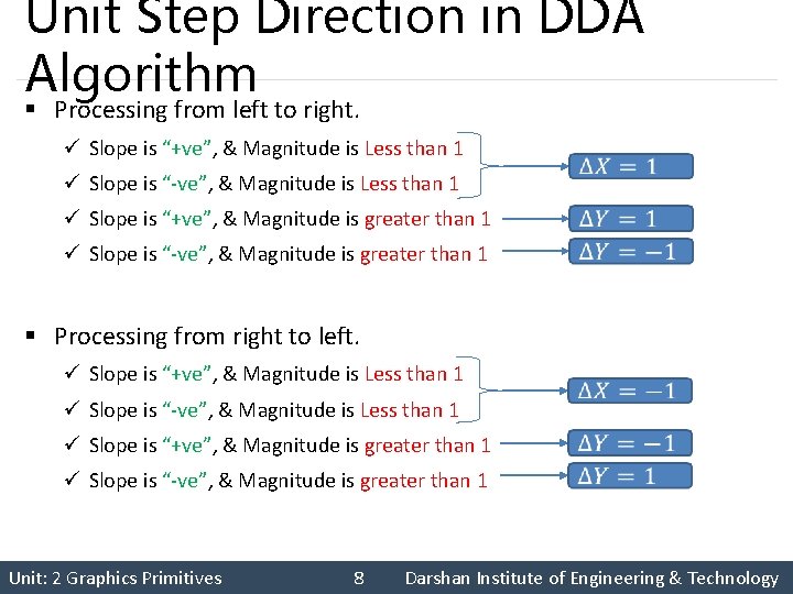 Unit Step Direction in DDA Algorithm § Processing from left to right. ü Slope