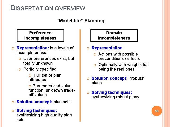 DISSERTATION OVERVIEW “Model-lite” Planning Preference incompleteness Representation: two levels of incompleteness User preferences exist,