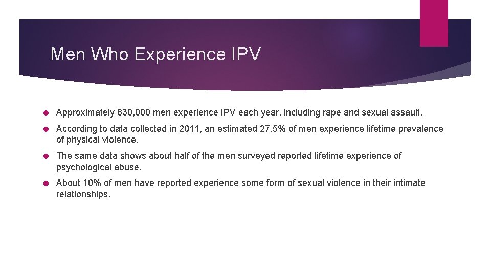 Men Who Experience IPV Approximately 830, 000 men experience IPV each year, including rape